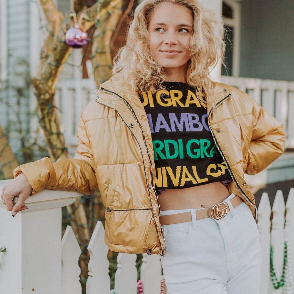 Gold Metallic Vinyl Puffer Bomber Jacket Sz.XL